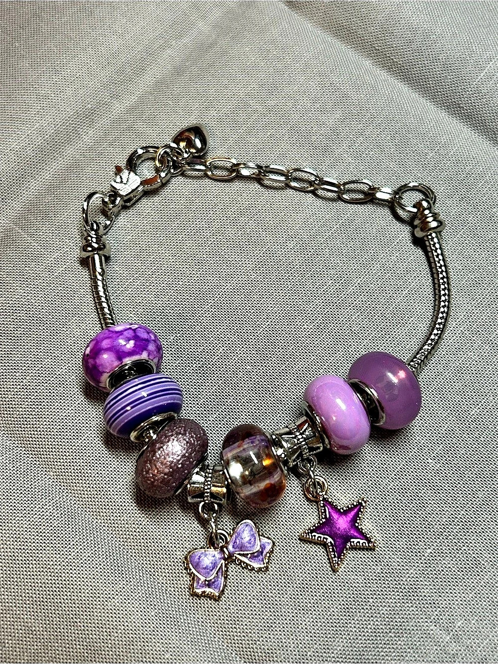 Handcrafted Purple Beaded Charm Bracelet New